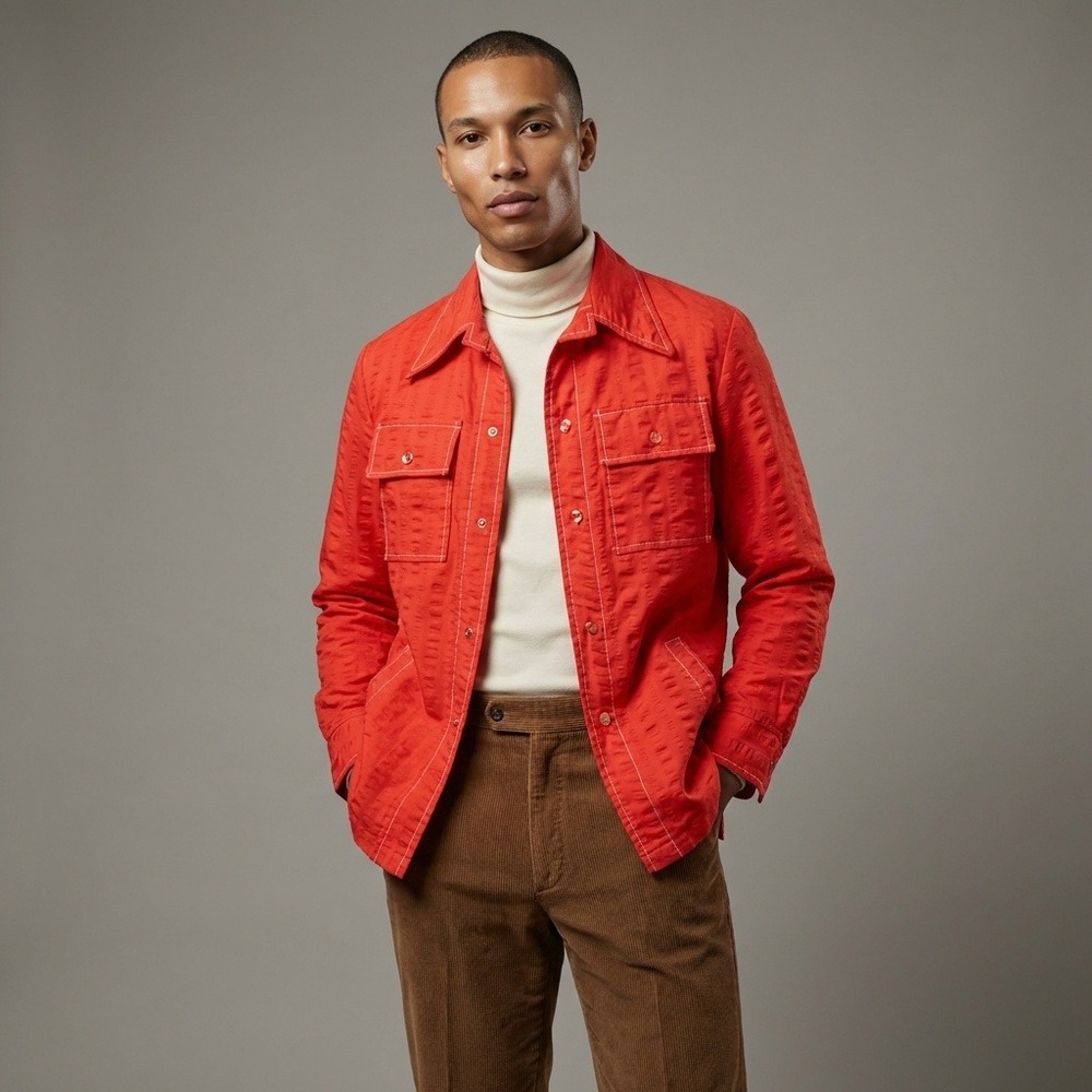 Vintage Catalina Men Action Jacket Red Textured 70s Safari Shirt Jacket‎ Medium